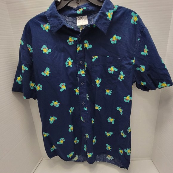 Mens Pokemon Button Polo SS Shirt Nintendo Squirtle Print Blue Pikachu Game M - Picture 1 of 12
